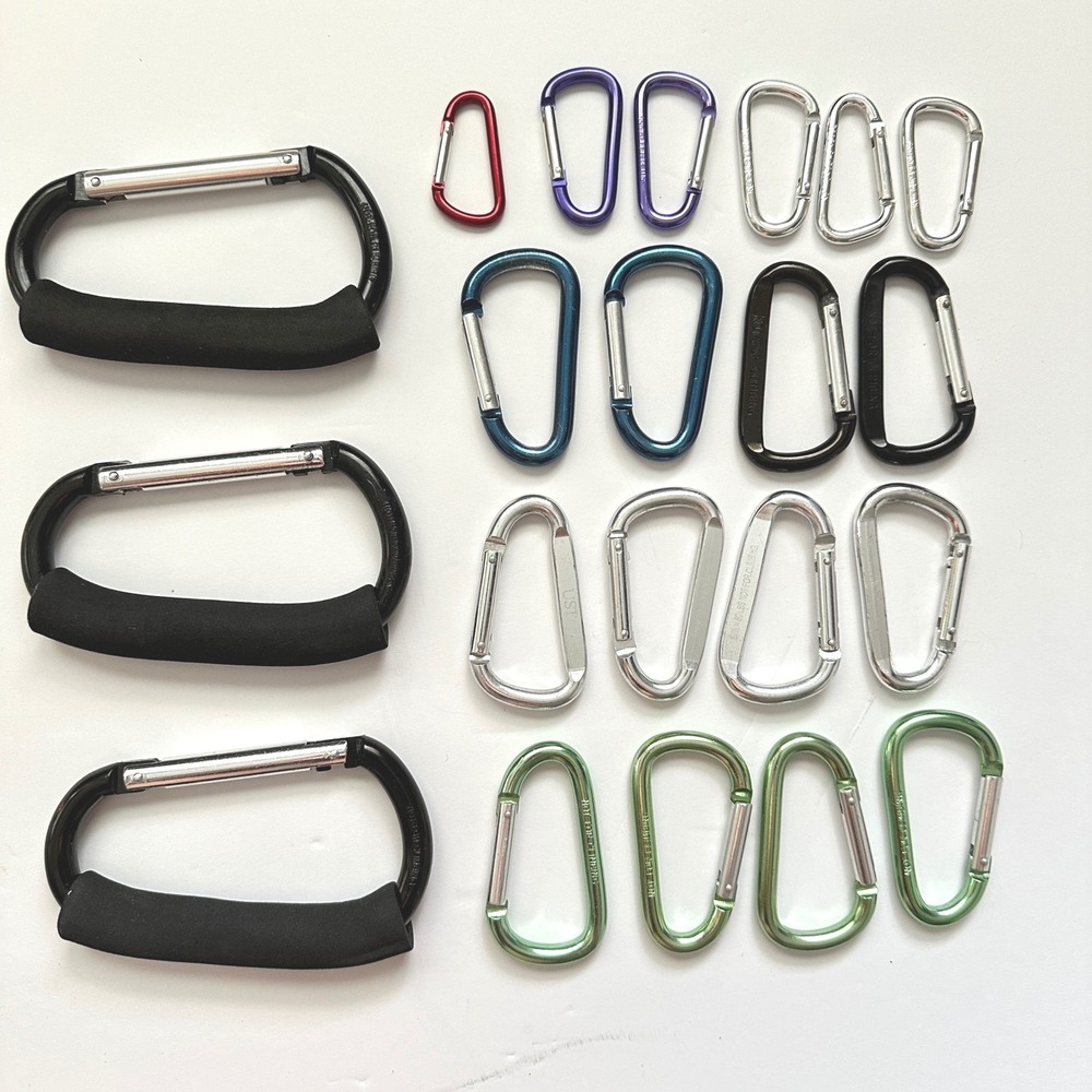 18pc Carabiner Clip Bundle Assorted Sizes Colors Foam Grip Handle Non-Climbing